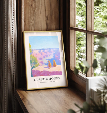 Framed cat impressionist art print overlooking Grand Canyon cliffs