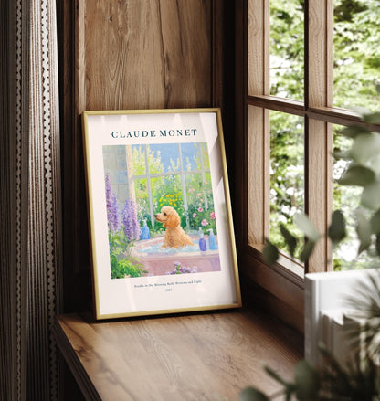 Framed poodle dog in bath with wisteria and blossoms, impressionist bathroom wall art print