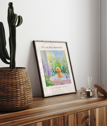 Monet-inspired poodle dog in bubble bath among blossoms, framed bathroom wall art print