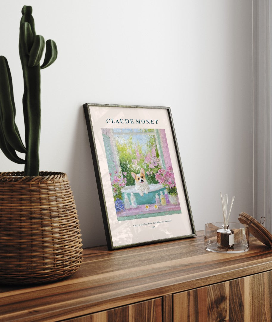 Playful Corgi in teal tub surrounded by blossoms, framed impressionist bathroom art print